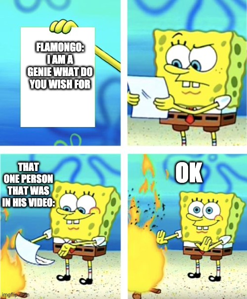 Spongebob Burning Paper | FLAMONGO: I AM A GENIE WHAT DO YOU WISH FOR; OK; THAT ONE PERSON THAT WAS IN HIS VIDEO: | image tagged in spongebob burning paper | made w/ Imgflip meme maker