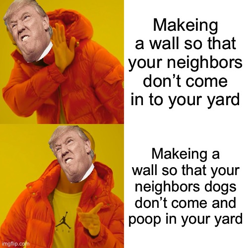 Drake Hotline Bling | Makeing a wall so that your neighbors don’t come in to your yard; Makeing a wall so that your neighbors dogs don’t come and poop in your yard | image tagged in memes,drake hotline bling | made w/ Imgflip meme maker