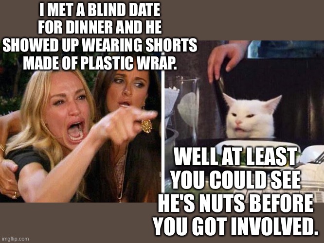 Woman yelling | I MET A BLIND DATE FOR DINNER AND HE SHOWED UP WEARING SHORTS MADE OF PLASTIC WRAP. WELL AT LEAST YOU COULD SEE HE'S NUTS BEFORE YOU GOT INVOLVED. | image tagged in smudge the cat | made w/ Imgflip meme maker