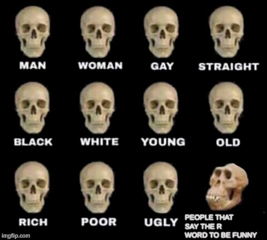 bruh | PEOPLE THAT SAY THE R WORD TO BE FUNNY | image tagged in idiot skull | made w/ Imgflip meme maker