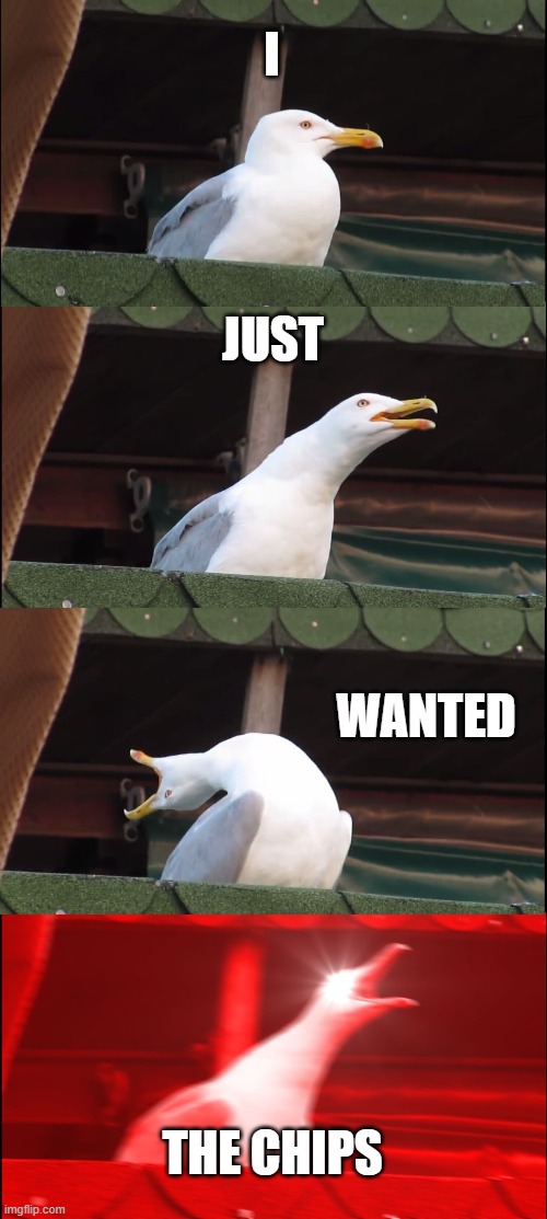 the chips!! | I; JUST; WANTED; THE CHIPS | image tagged in memes,inhaling seagull | made w/ Imgflip meme maker