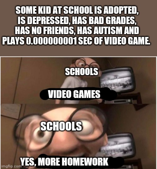 Schools be like | SOME KID AT SCHOOL IS ADOPTED, IS DEPRESSED, HAS BAD GRADES, HAS NO FRIENDS, HAS AUTISM AND PLAYS 0.000000001 SEC OF VIDEO GAME. SCHOOLS; VIDEO GAMES; SCHOOLS; YES, MORE HOMEWORK | image tagged in coincidence i think not | made w/ Imgflip meme maker