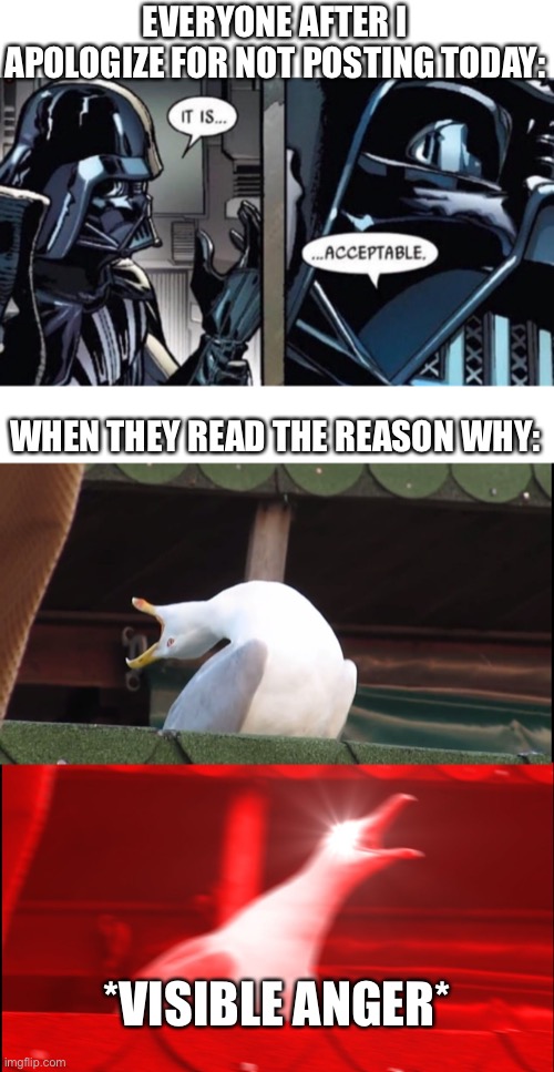 In to the comments we go | EVERYONE AFTER I APOLOGIZE FOR NOT POSTING TODAY:; WHEN THEY READ THE REASON WHY:; *VISIBLE ANGER* | image tagged in screaming bird | made w/ Imgflip meme maker