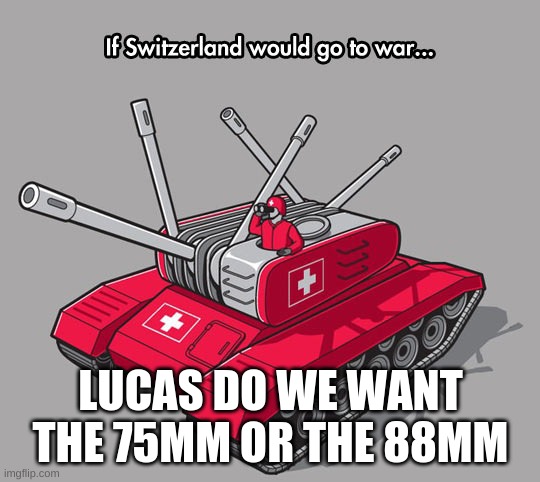 Swiss army tank | LUCAS DO WE WANT THE 75MM OR THE 88MM | image tagged in tanks | made w/ Imgflip meme maker