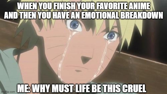 Finishing anime | WHEN YOU FINISH YOUR FAVORITE ANIME AND THEN YOU HAVE AN EMOTIONAL BREAKDOWN; ME: WHY MUST LIFE BE THIS CRUEL | image tagged in finishing anime,naruto,memes | made w/ Imgflip meme maker