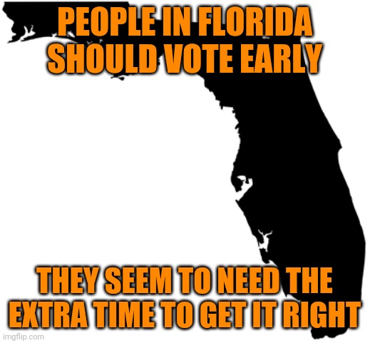 Don't rush them | PEOPLE IN FLORIDA SHOULD VOTE EARLY; THEY SEEM TO NEED THE EXTRA TIME TO GET IT RIGHT | image tagged in florida | made w/ Imgflip meme maker