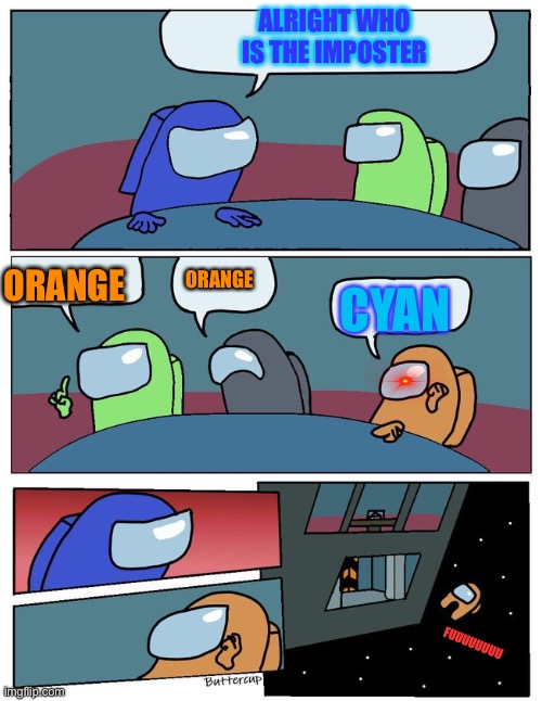 Orange is imposter | ALRIGHT WHO IS THE IMPOSTER; ORANGE; ORANGE; CYAN; FUUUUUUUU | image tagged in among us | made w/ Imgflip meme maker