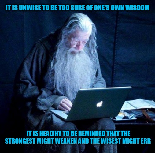 Gandalf looking Facebook | IT IS UNWISE TO BE TOO SURE OF ONE'S OWN WISDOM; IT IS HEALTHY TO BE REMINDED THAT THE STRONGEST MIGHT WEAKEN AND THE WISEST MIGHT ERR | image tagged in gandalf looking facebook | made w/ Imgflip meme maker