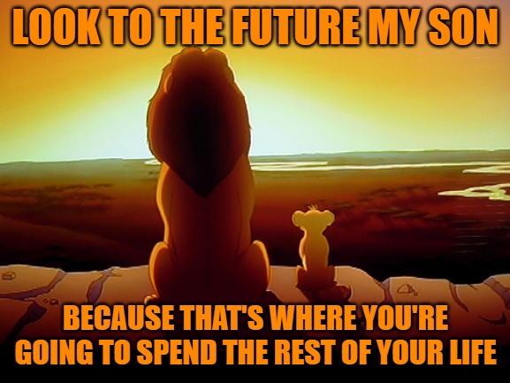 Lion King Meme | LOOK TO THE FUTURE MY SON; BECAUSE THAT'S WHERE YOU'RE GOING TO SPEND THE REST OF YOUR LIFE | image tagged in memes,lion king | made w/ Imgflip meme maker