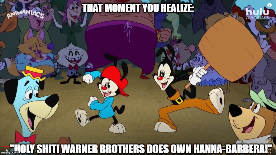 Warner Brothers AND Yogi AND Huckleberry? TOGETHER?!?!!? | THAT MOMENT YOU REALIZE:; "HOLY SHIT! WARNER BROTHERS DOES OWN HANNA-BARBERA!" | image tagged in warner bros,yogi bear,huckleberry hound | made w/ Imgflip meme maker