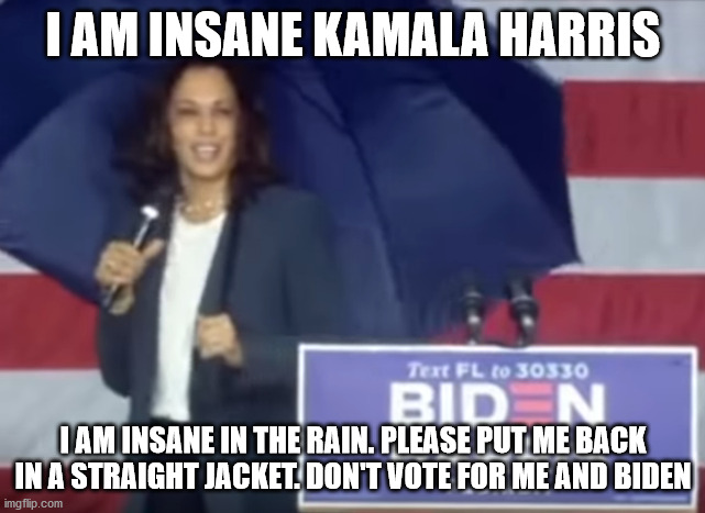 Kamala Harris insane in the rain | I AM INSANE KAMALA HARRIS; I AM INSANE IN THE RAIN. PLEASE PUT ME BACK IN A STRAIGHT JACKET. DON'T VOTE FOR ME AND BIDEN | image tagged in kamala harris,democrats,election 2020,joe biden | made w/ Imgflip meme maker