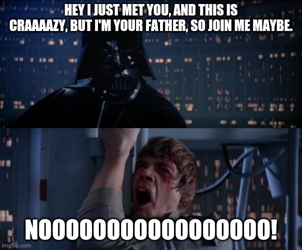 *if vader had a musical talent* | HEY I JUST MET YOU, AND THIS IS CRAAAAZY, BUT I'M YOUR FATHER, SO JOIN ME MAYBE. NOOOOOOOOOOOOOOOOO! | image tagged in nooooooooooo | made w/ Imgflip meme maker