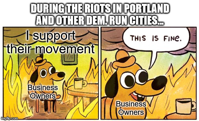 Enjoy what you voted for folks | DURING THE RIOTS IN PORTLAND AND OTHER DEM. RUN CITIES... I support their movement; Business Owners; Business Owners | image tagged in memes,this is fine,rioters,angry mob,tyranny | made w/ Imgflip meme maker