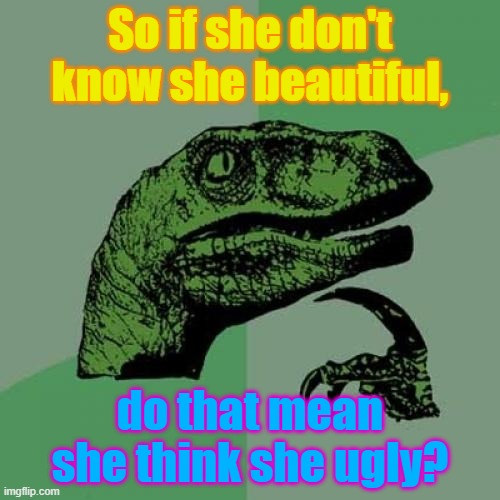 Philosoraptor Meme |  So if she don't know she beautiful, do that mean she think she ugly? | image tagged in memes,philosoraptor | made w/ Imgflip meme maker