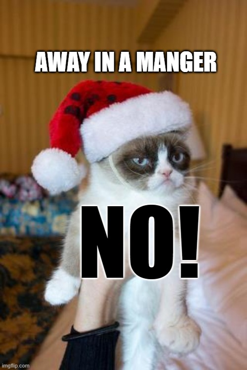 Grumpy Cat Christmas Meme | AWAY IN A MANGER; NO! | image tagged in memes,grumpy cat christmas,grumpy cat,meme,cats,funny | made w/ Imgflip meme maker