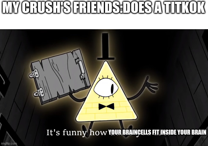 Roasted | MY CRUSH'S FRIENDS:DOES A TITKOK; YOUR BRAINCELLS FIT INSIDE YOUR BRAIN | image tagged in it's funny how dumb you are bill cipher | made w/ Imgflip meme maker