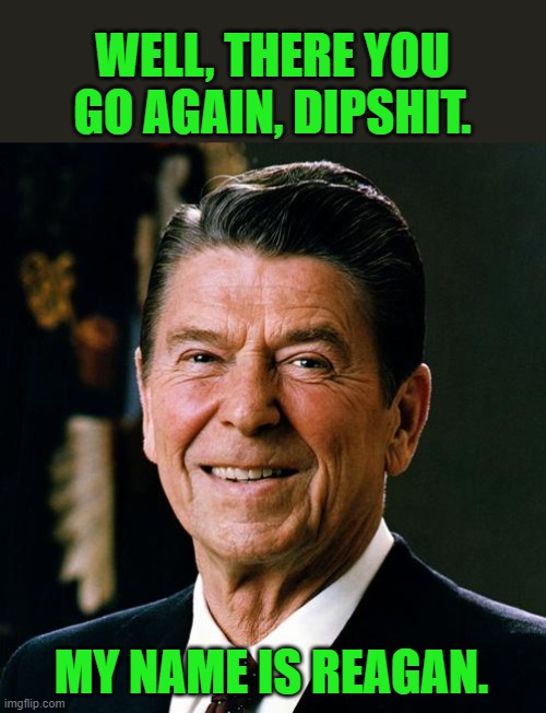 Ronald Reagan face | WELL, THERE YOU GO AGAIN, DIPSHIT. MY NAME IS REAGAN. | image tagged in ronald reagan face | made w/ Imgflip meme maker