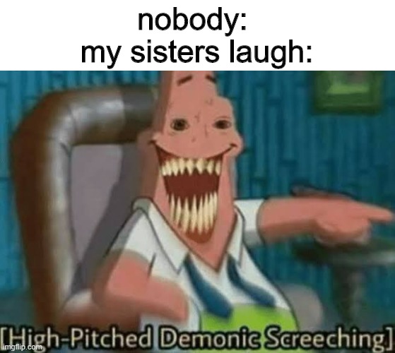 REEEEEEEEEEEEEEEEEEEEE | nobody: 
my sisters laugh: | image tagged in high-pitched demonic screeching | made w/ Imgflip meme maker