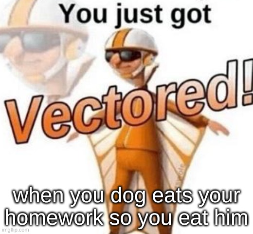 i just got first upvote on another meme :D | when you dog eats your homework so you eat him | image tagged in you just got vectored | made w/ Imgflip meme maker