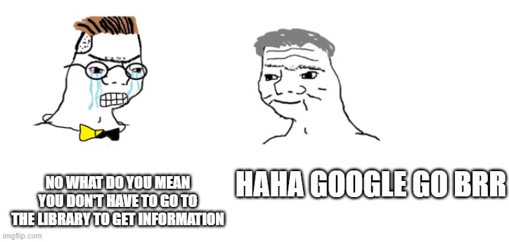 nooo haha go brrr | HAHA GOOGLE GO BRR; NO WHAT DO YOU MEAN YOU DON'T HAVE TO GO TO THE LIBRARY TO GET INFORMATION | image tagged in nooo haha go brrr | made w/ Imgflip meme maker