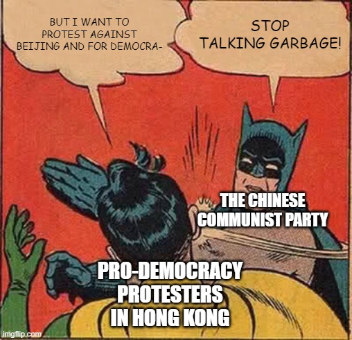 The Relationship Between Pro-Democracy Protesters and Chinese Communists in Hong Kong Be Like... | BUT I WANT TO PROTEST AGAINST BEIJING AND FOR DEMOCRA-; STOP TALKING GARBAGE! THE CHINESE COMMUNIST PARTY; PRO-DEMOCRACY PROTESTERS IN HONG KONG | image tagged in memes,batman slapping robin,hong kong,protests,communists,democracy | made w/ Imgflip meme maker
