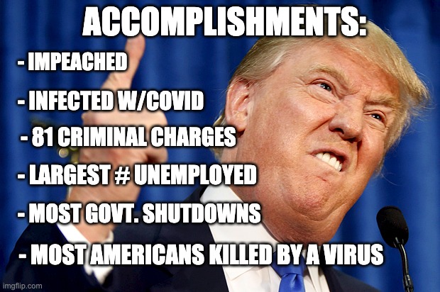 Imagine what a 2nd term could accomplish? | ACCOMPLISHMENTS:; - IMPEACHED; - INFECTED W/COVID; - 81 CRIMINAL CHARGES; - LARGEST # UNEMPLOYED; - MOST GOVT. SHUTDOWNS; - MOST AMERICANS KILLED BY A VIRUS | image tagged in donald trump,trump,covid,election,accomplishment,mission accomplished | made w/ Imgflip meme maker