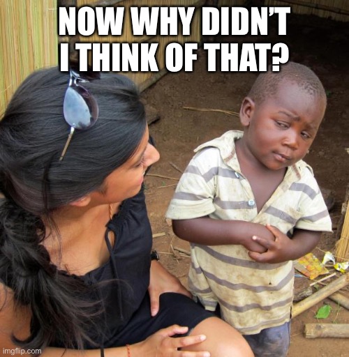 3rd World Sceptical Child | NOW WHY DIDN’T I THINK OF THAT? | image tagged in 3rd world sceptical child | made w/ Imgflip meme maker
