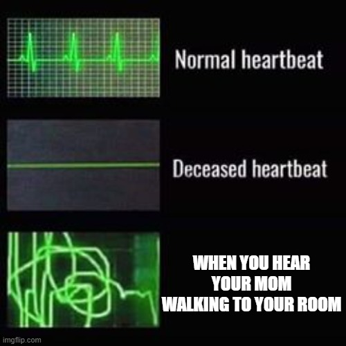 This always happens... | WHEN YOU HEAR YOUR MOM WALKING TO YOUR ROOM | image tagged in heartbeat rate,mom,heartbeat,memes,funny meme | made w/ Imgflip meme maker
