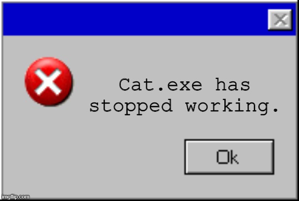 Windows Error Message | Cat.exe has stopped working. | image tagged in windows error message | made w/ Imgflip meme maker