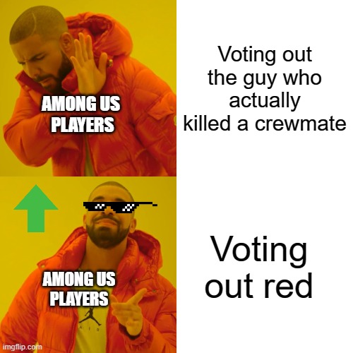 Red Sus Dudes | Voting out the guy who actually killed a crewmate; AMONG US 
PLAYERS; Voting out red; AMONG US
PLAYERS | image tagged in memes,drake hotline bling,among us | made w/ Imgflip meme maker