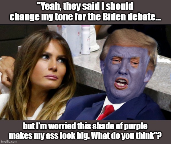 Trump's October Surprise! | "Yeah, they said I should change my tone for the Biden debate... but I'm worried this shade of purple makes my ass look big. What do you think"? | image tagged in donald trump is an idiot,trump is a moron,election 2020,ass | made w/ Imgflip meme maker