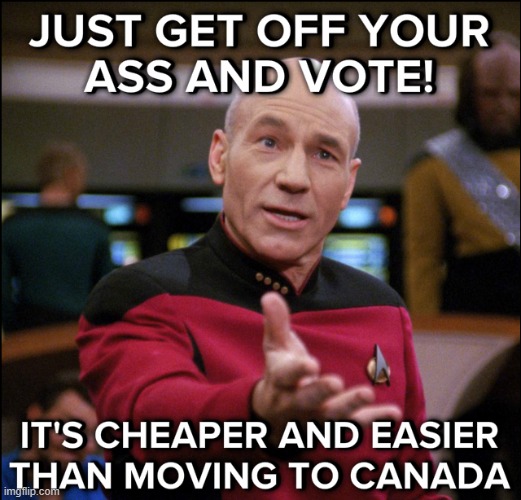 There's hope yet for America. Don't move. Stay and fight. Vote. | image tagged in repost,captain picard,captain picard wtf,election 2020,2020 elections,america | made w/ Imgflip meme maker