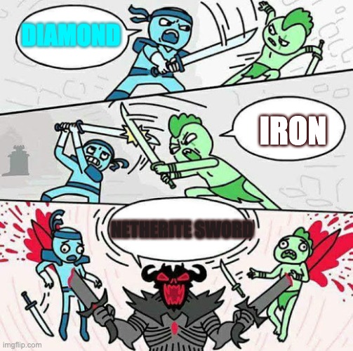 Hmmmmmmm.........minecraft | DIAMOND; IRON; NETHERITE SWORD | image tagged in sword fight,minecraft,meme | made w/ Imgflip meme maker