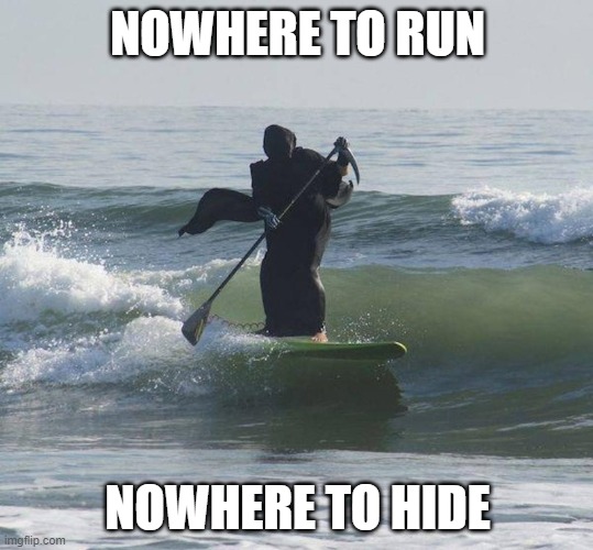 death becomes you | NOWHERE TO RUN; NOWHERE TO HIDE | image tagged in memes,fun,grim reaper,surfing | made w/ Imgflip meme maker