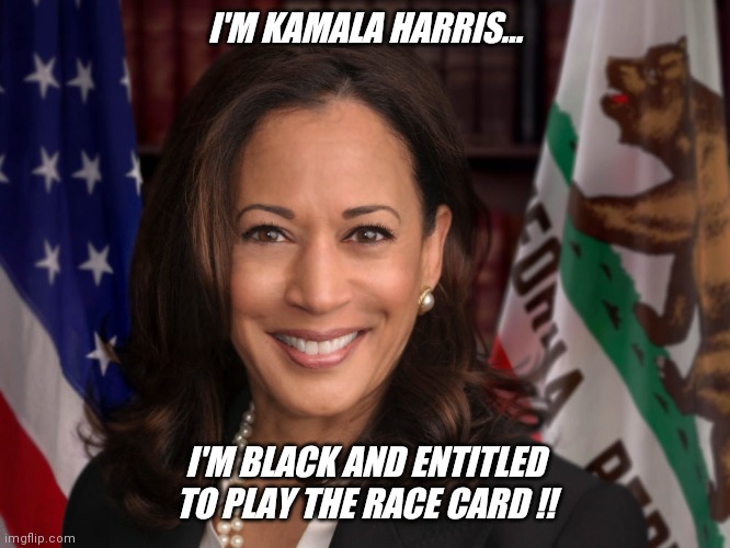 Another Democrat loser ! | I'M KAMALA HARRIS... I'M BLACK AND ENTITLED TO PLAY THE RACE CARD !! | image tagged in fuck,you | made w/ Imgflip meme maker