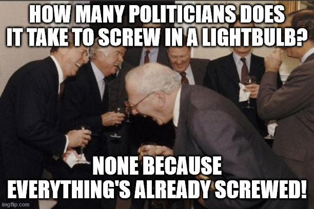 Laughing Men In Suits | HOW MANY POLITICIANS DOES IT TAKE TO SCREW IN A LIGHTBULB? NONE BECAUSE EVERYTHING'S ALREADY SCREWED! | image tagged in memes,laughing men in suits | made w/ Imgflip meme maker