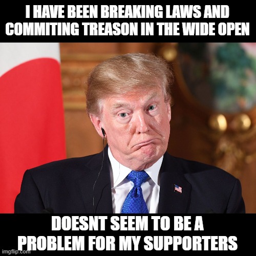 Trump dumbfounded | I HAVE BEEN BREAKING LAWS AND COMMITING TREASON IN THE WIDE OPEN DOESNT SEEM TO BE A PROBLEM FOR MY SUPPORTERS | image tagged in trump dumbfounded | made w/ Imgflip meme maker