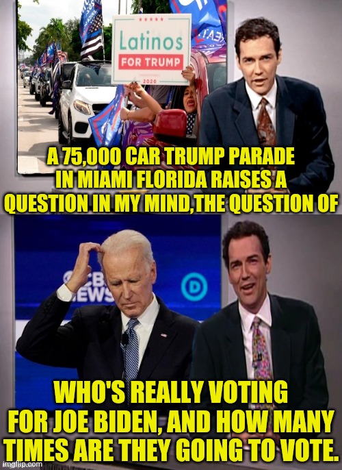 Biden Voters, Who Are They? And Where Are They? |  A 75,000 CAR TRUMP PARADE IN MIAMI FLORIDA RAISES A QUESTION IN MY MIND,THE QUESTION OF; WHO'S REALLY VOTING FOR JOE BIDEN, AND HOW MANY TIMES ARE THEY GOING TO VOTE. | image tagged in donald trump,trump 2020,joe biden,election 2020,drstrangmeme | made w/ Imgflip meme maker