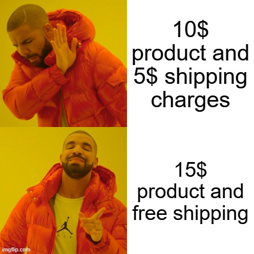 Drake Hotline Bling | 10$ product and 5$ shipping charges; 15$ product and free shipping | image tagged in memes,drake hotline bling | made w/ Imgflip meme maker