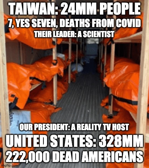 Elections have consequences | TAIWAN: 24MM PEOPLE; 7, YES SEVEN, DEATHS FROM COVID; THEIR LEADER: A SCIENTIST; OUR PRESIDENT: A REALITY TV HOST; UNITED STATES: 328MM; 222,000 DEAD AMERICANS | image tagged in trump virus covid-19,election,trump,covid,failure,death | made w/ Imgflip meme maker