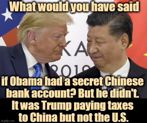 Trump never figured out which country he was President of. |  What would you have said; if Obama had a secret Chinese 
bank account? But he didn't. 
It was Trump paying taxes 
to China but not the U.S. | image tagged in trump and his best buddy xi,trump,china,bank account,taxes | made w/ Imgflip meme maker