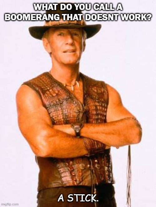 Daily Bad Dad Joke Oct 22 2020 |  WHAT DO YOU CALL A BOOMERANG THAT DOESNT WORK? A STICK. | image tagged in crocodile dundee | made w/ Imgflip meme maker