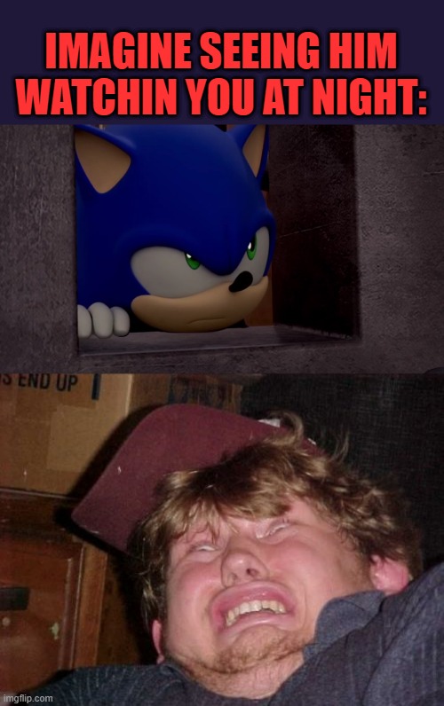 IMAGINE SEEING HIM WATCHIN YOU AT NIGHT: | image tagged in memes,wtf,sonic is not impressed - sonic boom | made w/ Imgflip meme maker