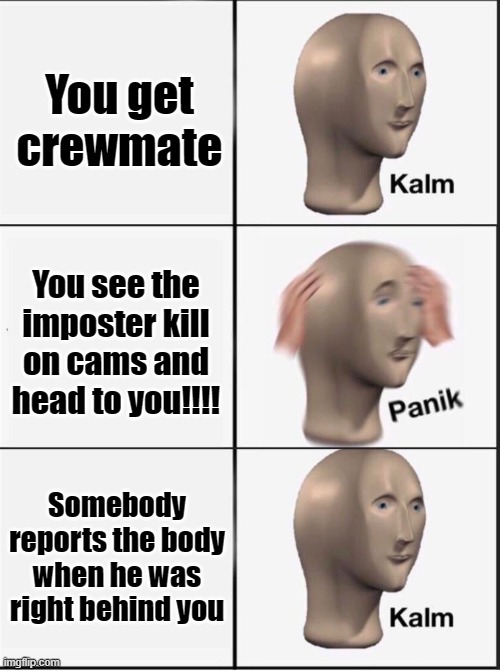 Reverse kalm panik | You get crewmate; You see the imposter kill on cams and head to you!!!! Somebody reports the body when he was right behind you | image tagged in reverse kalm panik | made w/ Imgflip meme maker