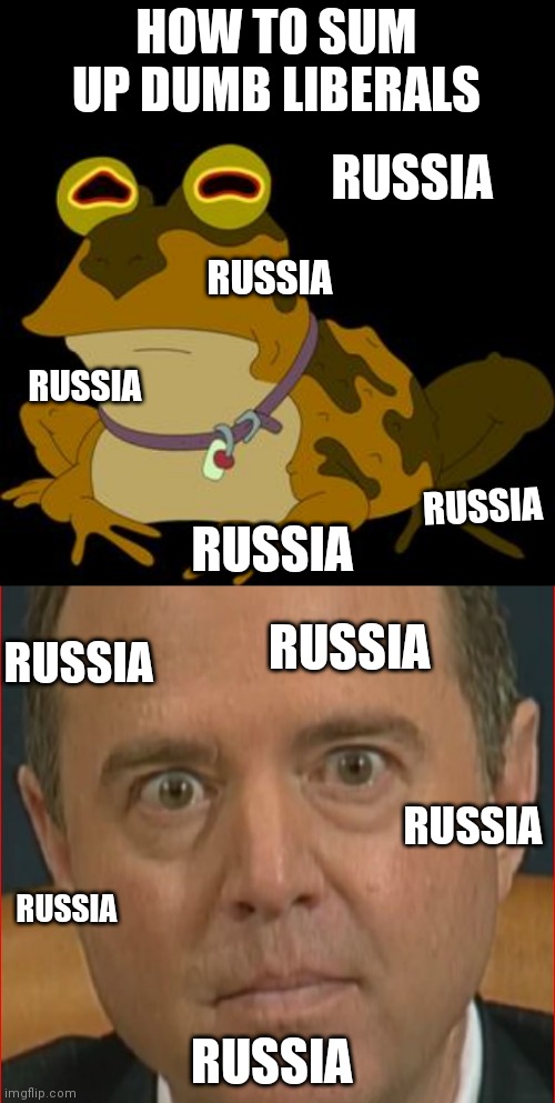 HOW TO SUM UP DUMB LIBERALS; RUSSIA; RUSSIA; RUSSIA; RUSSIA; RUSSIA; RUSSIA; RUSSIA; RUSSIA; RUSSIA; RUSSIA; RUSSIA | image tagged in hypnotoad,adam schiff | made w/ Imgflip meme maker