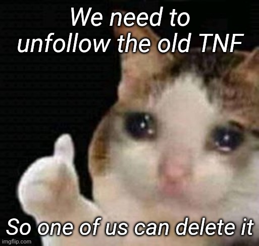 We need to unfollow the old TNF; So one of us can delete it | image tagged in tag | made w/ Imgflip meme maker