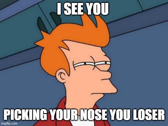 Futurama Fry | I SEE YOU; PICKING YOUR NOSE YOU LOSER | image tagged in memes,futurama fry | made w/ Imgflip meme maker