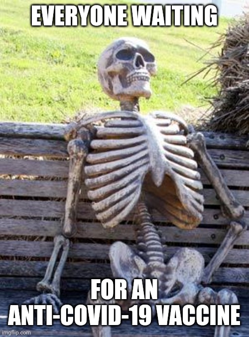 Waiting Skeleton | EVERYONE WAITING; FOR AN ANTI-COVID-19 VACCINE | image tagged in memes,waiting skeleton,vaccines,coronavirus | made w/ Imgflip meme maker