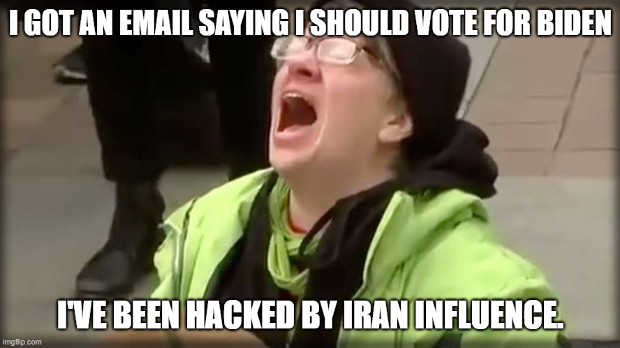 Trump SJW No | I GOT AN EMAIL SAYING I SHOULD VOTE FOR BIDEN; I'VE BEEN HACKED BY IRAN INFLUENCE. | image tagged in trump sjw no | made w/ Imgflip meme maker