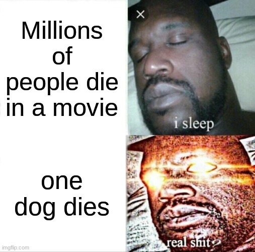 Sleeping Shaq Meme | Millions of people die in a movie; one dog dies | image tagged in memes,sleeping shaq | made w/ Imgflip meme maker